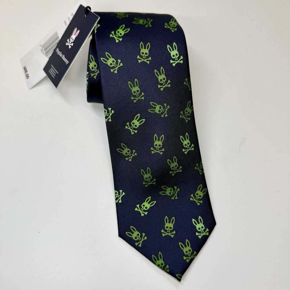 Phycho Bunny Green Skull And Bones Bunny Traditional Blue Silk Neck Tie New